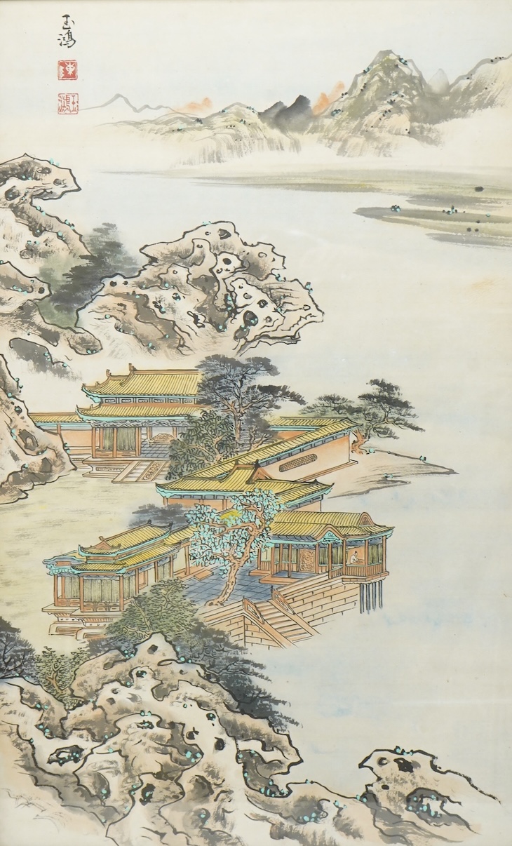 Chinese School, 20th century, Riverscape with pagodas, signed with character marks and red seal marks, ink and watercolour, 81 x 49cm